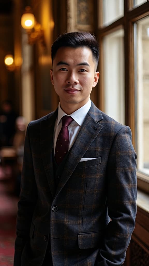 model in heritage plaid suit, refined expression at camera, classic window lighting, historic Harvard Club interior, academic elegance