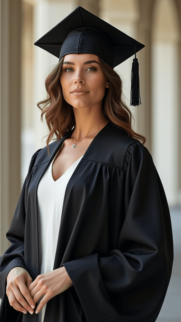 model in graduation gown and cap, elegant three-quarter pose, bright lighting, university backdrop, academic grace