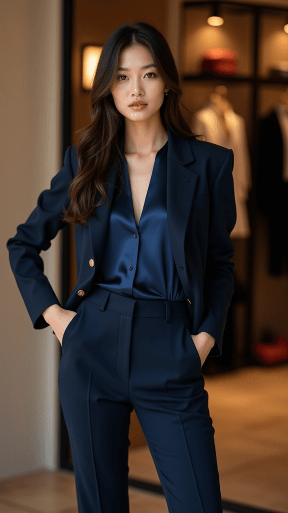 model in navy pantsuit with silk blouse, elegant three-quarter pose, studio lighting, luxury boutique backdrop, power dressing